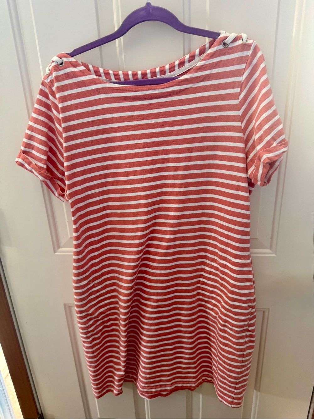 Striped Cotton Tunic Dress in Coral and White